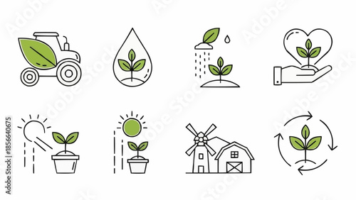 Set of icons representing agriculture and plant growth concepts.