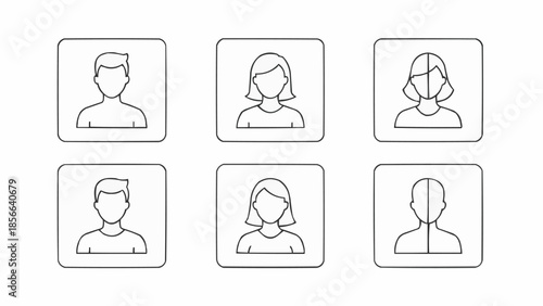 Set of six simple line art profile icons representing diverse people.