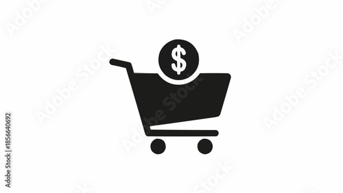 Shopping cart with dollar coin symbol representing commerce and finance.