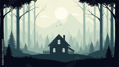 Silhouette of a cabin in a misty forest at sunrise.