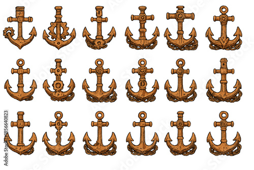 Decorative anchor designs arranged in a grid for craft projects and nautical themes