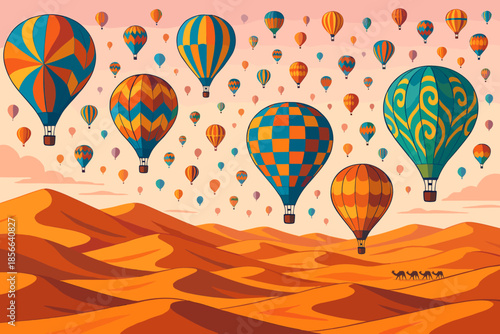 Hot air balloons float above desert dunes during sunset with camels walking in the background