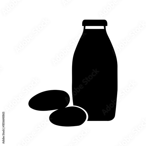 Minimalist black and white illustration of almond milk with whole almonds