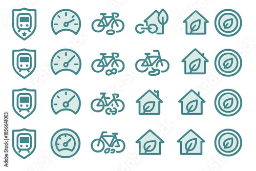 Icons representing transportation modes, bicycle usage, and eco-friendly living in simple graphic style