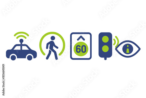 Traffic safety symbols show various elements of road use and awareness relevant to drivers and pedestrians in urban areas