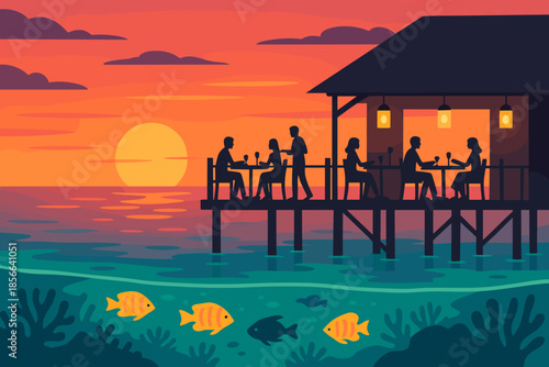 Dinner at a seaside restaurant during sunset with people enjoying meals and ocean views