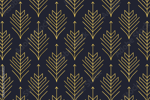 Pattern of golden arrows on dark blue background used for design and decoration in various crafts and textiles