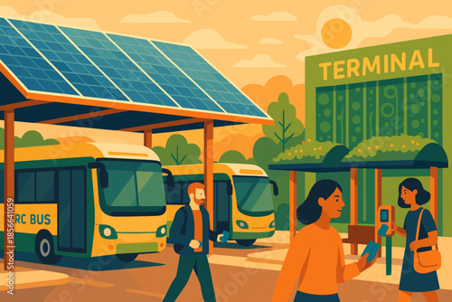 People walk in a public transport area with solar panels while waiting for buses at the terminal during sunset