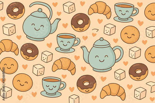 Cute pattern featuring tea, coffee, baked goods, and sugar cubes on a light background