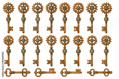 Collection of unique keys with gear designs displayed on a white background at an unknown location