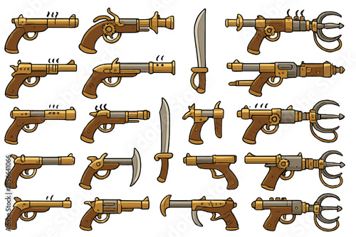 Collection of various designs of pistols and swords displayed on a white background for creative inspiration and artwork reference