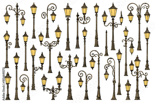 Various styles of street lamps in unique designs and shapes for outdoor lighting decoration