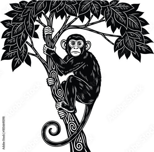 Monkey Climbing Tree Wildlife Vector Illustration
