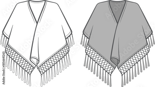 White and Grey Poncho Technical Sketch Set: Featuring Fringed Hem and Lattice Embroidery Detail