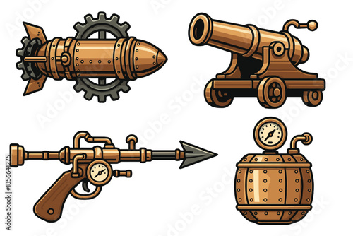 Various mechanical weapons displayed together in a simple layout depicting steam-powered designs with unique features