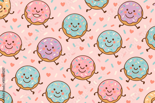 Pattern of smiling donuts on a pink background with colorful sprinkles and hearts
