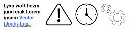 Safety protocols, timekeeping, workflow management, alert notifications, productivity planning, technical operations. Warning sign, clock and gears. Safety protocols and timekeeping concepts