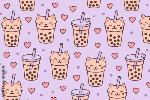 Cute pattern with cartoon cats and bubble tea on a pastel background filled with hearts and dots