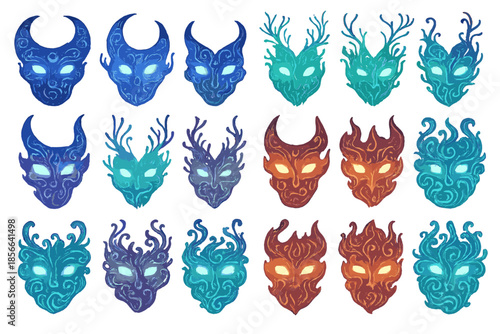 Colorful masks with glowing eyes in various shapes and designs arranged in a grid