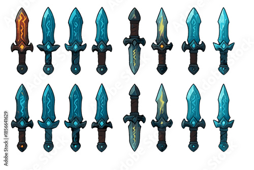 Various sword designs showing different colors and styles suitable for games or fantasy settings