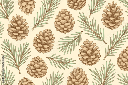 Pattern of pine cones and green branches on a light background showing natural details of a forest design
