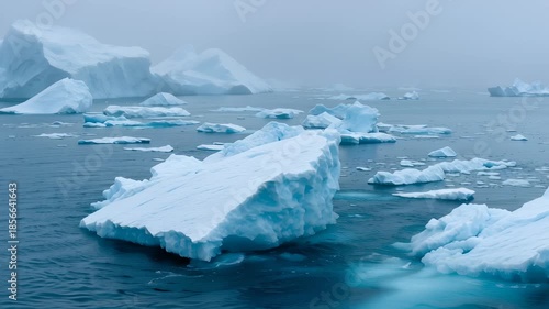 Floating Antarctic icebergs drifting in cold polar ocean under overcast sky, illustrating climate change, melting ice, and fragile polar ecosystems