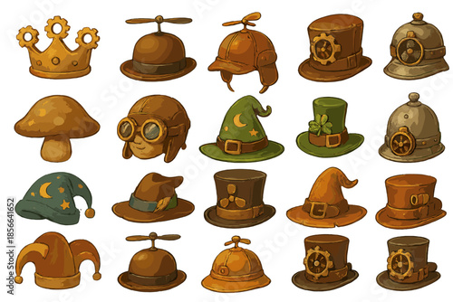 Collection of hats with different designs including crowns, propellers, and steampunk styles arranged in rows