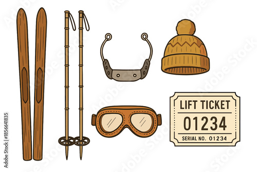 Ski gear and lift ticket on a snow day for winter sports enthusiasts in a mountain area
