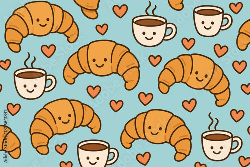 Croissants and coffee cups create a cheerful pattern on a blue background with hearts