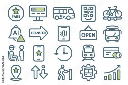 Information icons related to public transport and smart travel apps displayed on a plain background