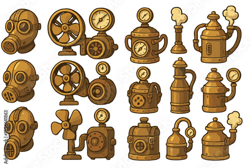 Steam punk style gas masks and machinery designs in various shapes and sizes for creative projects