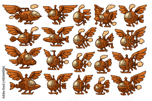 Steampunk flying machines with wings and steam features in different designs and styles on a plain background