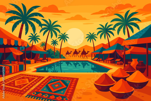 Camels walk in the desert during sunset near a pool with market stalls and palm trees