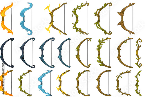 Collection of various bow designs on display showing different colors and styles for archery or gaming purposes