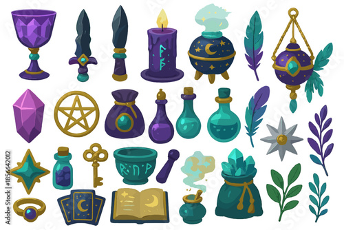 Collection of magical items including potions, crystals, and candles in various shapes and colors displayed on a white background