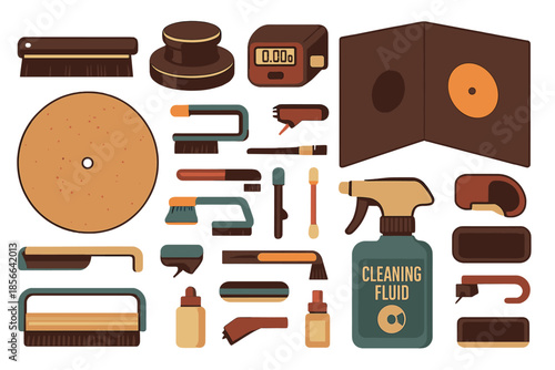 Collection of cleaning tools and supplies arranged on a flat surface for home cleaning tasks