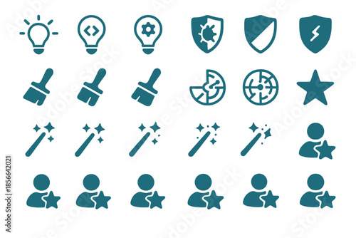 Collection of simple icons representing various concepts and tools for digital projects and creativity