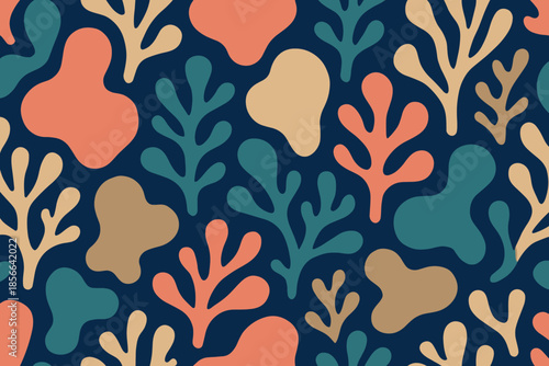 Colorful pattern of abstract shapes and plant forms on a dark background with a balanced design