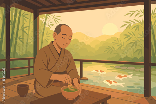 Man prepares matcha tea while sitting by a pond with koi fish during sunset in a cozy tea house setting