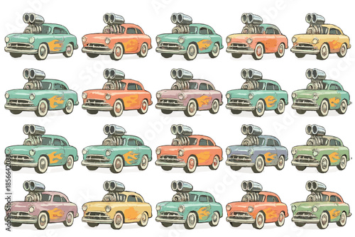 Classic cars lined up with large exhaust pipes at a street fair in the afternoon sun