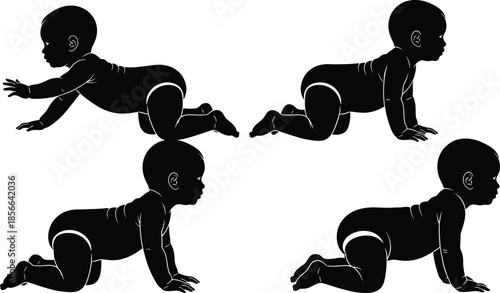 Baby crawling silhouettes, infant poses, child development, toddler motion, early growth, motor skills, childhood activity, parenting icon, lifestyle art, nurture illustration