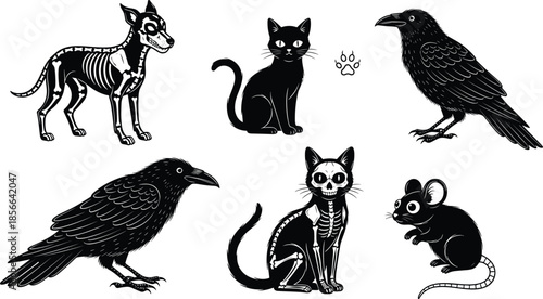 Animal skeleton silhouette collection, spooky cat dog crow mouse illustrations, gothic Halloween style wildlife art, isolated black designs
