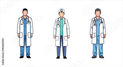 Three medical professionals standing in a row wearing lab coats and stethoscopes against a white background
