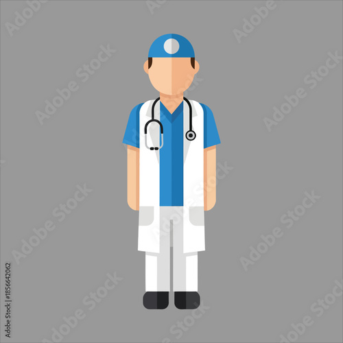 A medical professional standing in a neutral background wearing a blue uniform and stethoscope