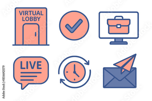 Virtual lobby with icons for online meeting features such as live chat, tasks, and notifications