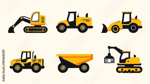 Collection of diverse construction vehicles concept, illustrating heavy equipment and machinery used in building and engineering projects