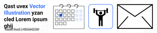 Time management, fitness tracking, messaging, organization, health planning, communication tools. Calendar with marked date, weightlifting person mail icon. Time management and fitness tracking