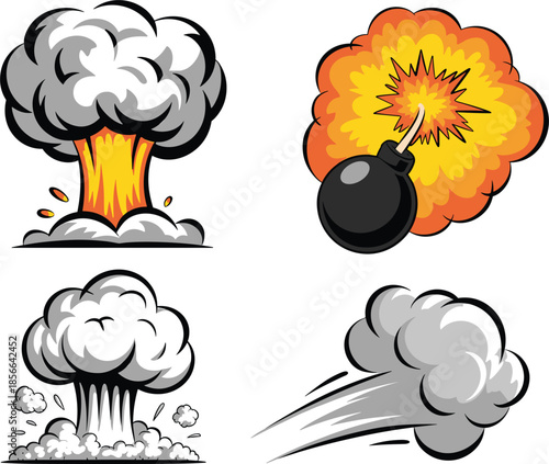Colorful Action Comic Explosion Vector Set: Featuring Mushroom Clouds and Bomb Blast Graphic Design Elements