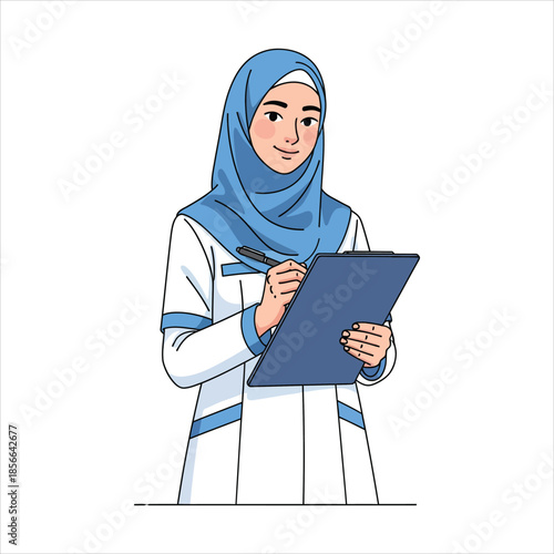 A smiling woman wearing a hijab and white lab coat holding a clipboard and pen in a professional setting