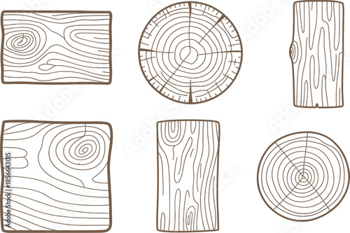 Natural Wood Grain Texture Vector Illustration Set: Featuring Cross, Sections Tree Rings and Timber Logs